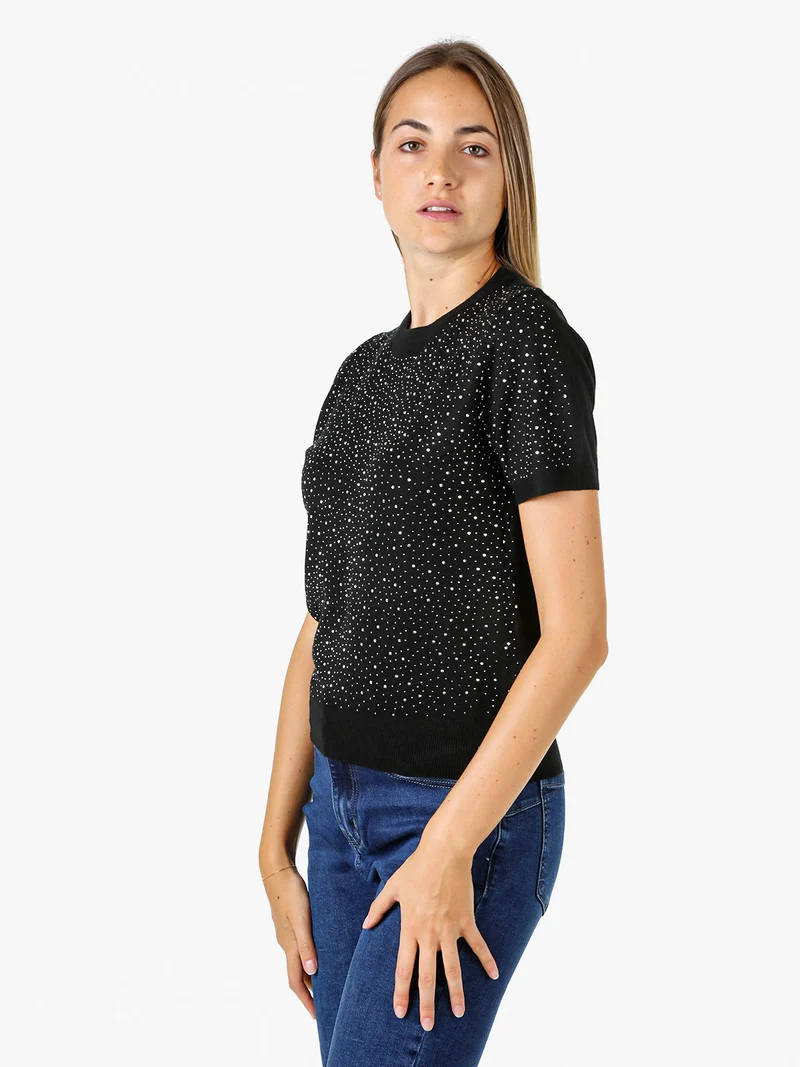 Maglia donna a maniche corte con micro borchie - nero