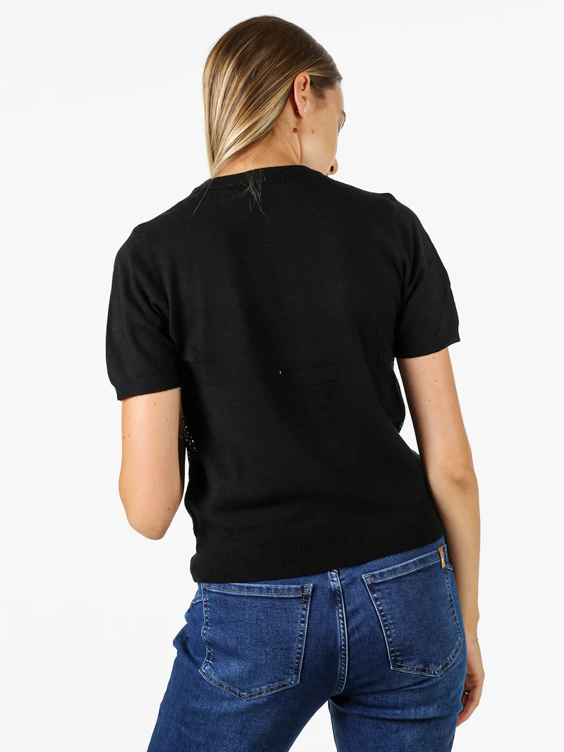 Maglia donna a maniche corte con micro borchie - nero