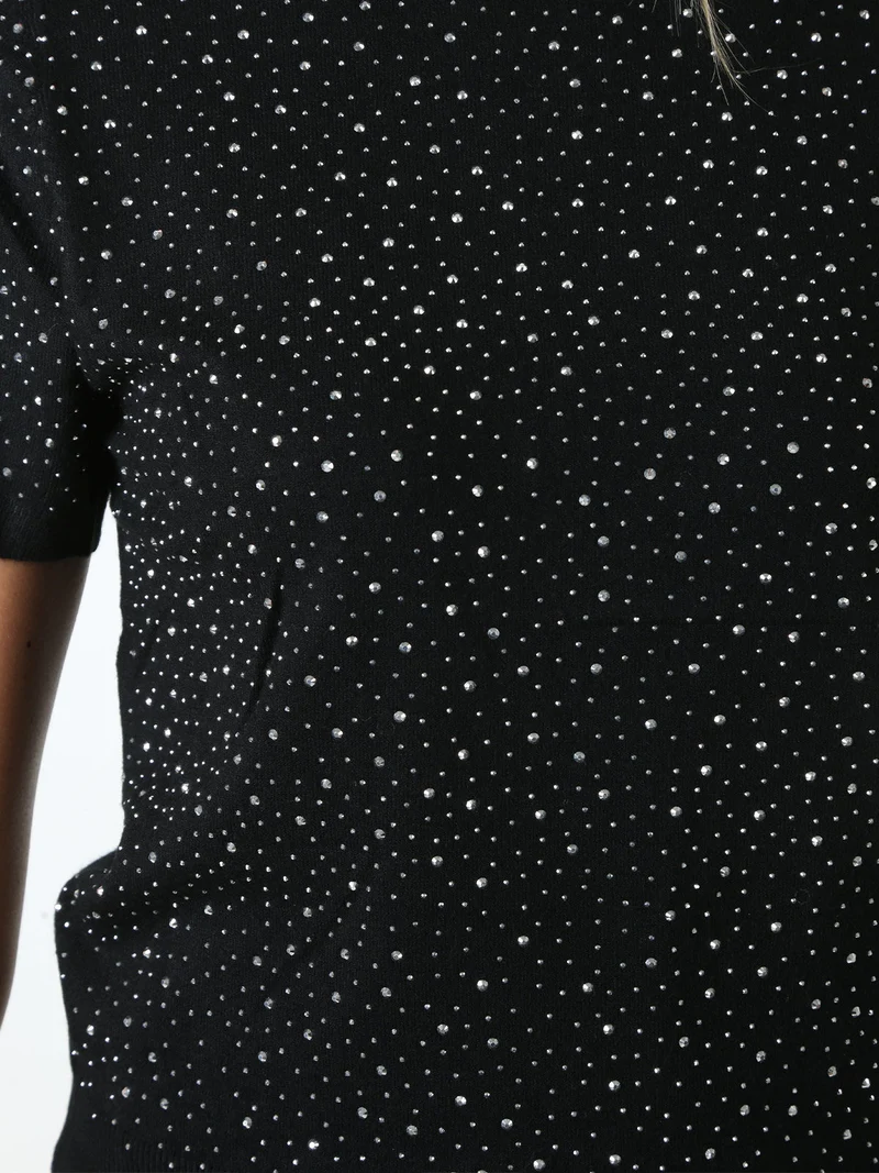 Maglia donna a maniche corte con micro borchie - nero