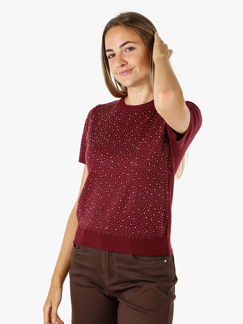 Maglia donna a maniche corte con micro borchie - bordeaux