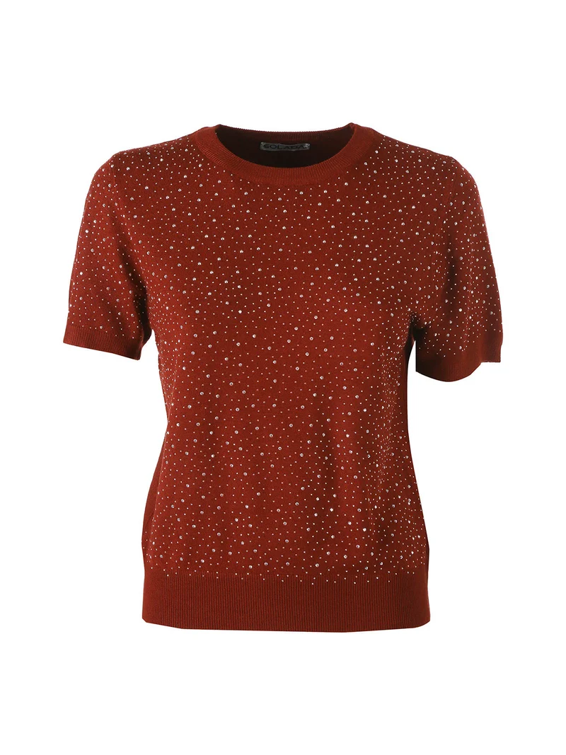 Maglia donna a maniche corte con micro borchie - bordeaux