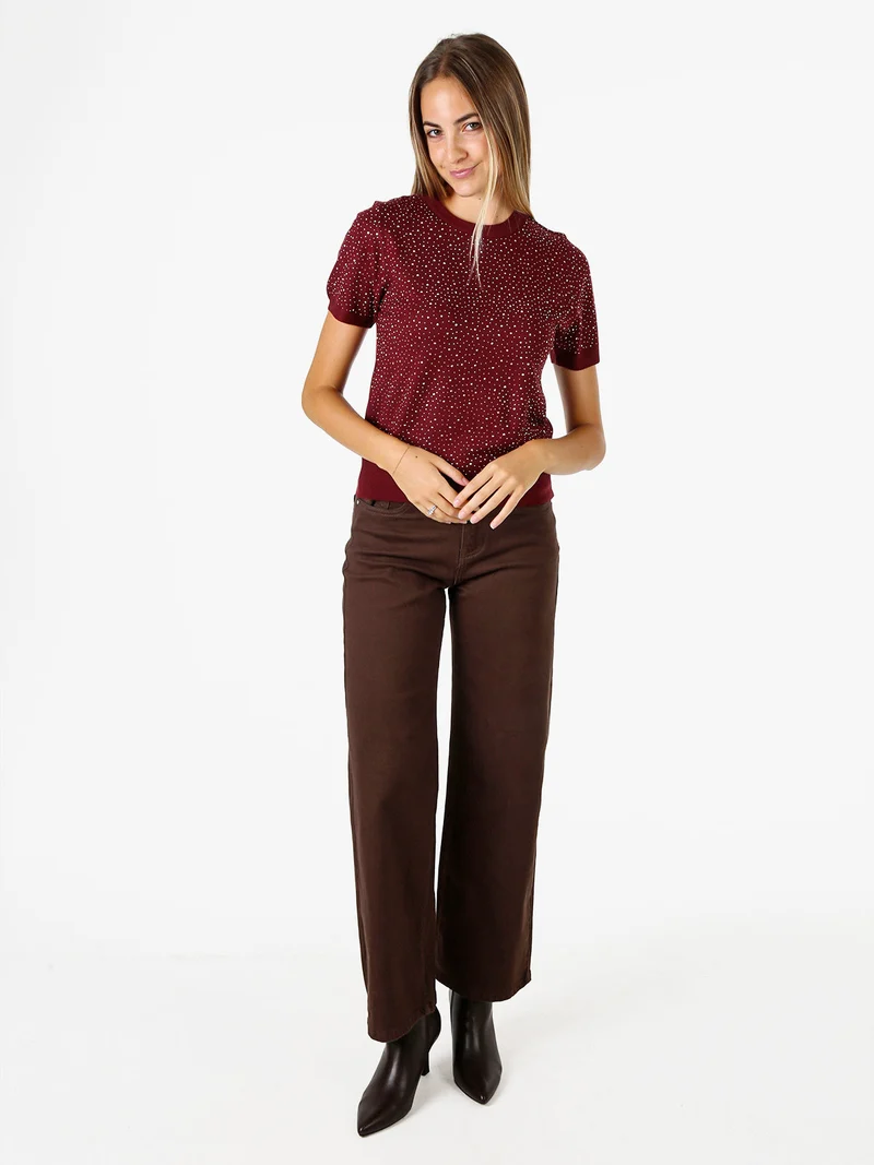 Maglia donna a maniche corte con micro borchie - bordeaux