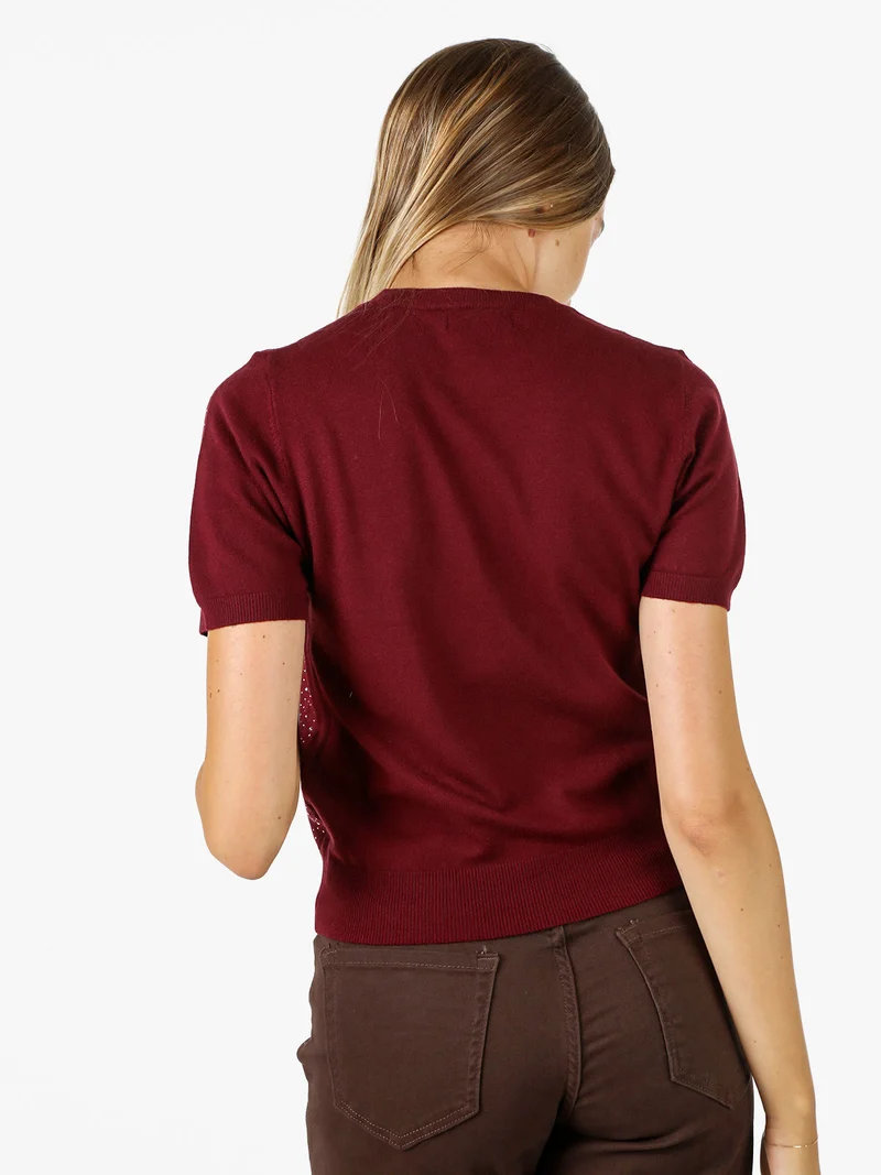 Maglia donna a maniche corte con micro borchie - bordeaux