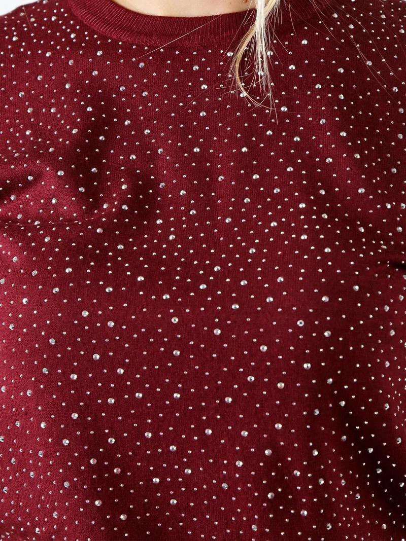 Maglia donna a maniche corte con micro borchie - bordeaux
