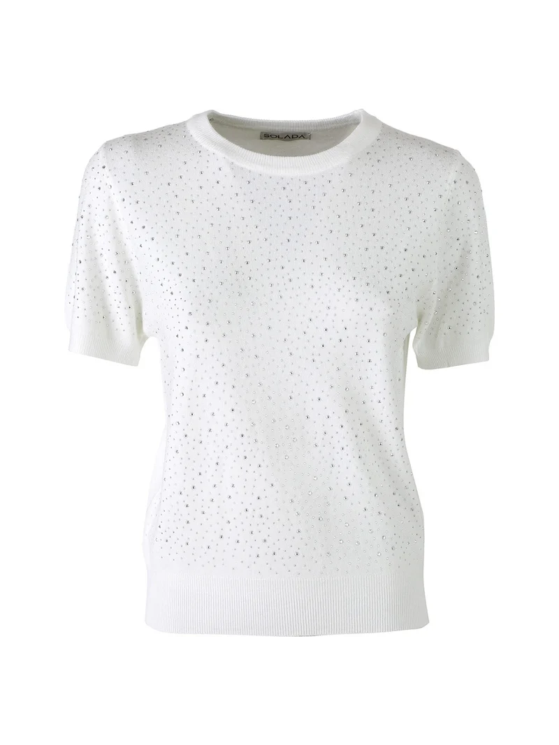 Maglia donna a maniche corte con micro borchie - bianco
