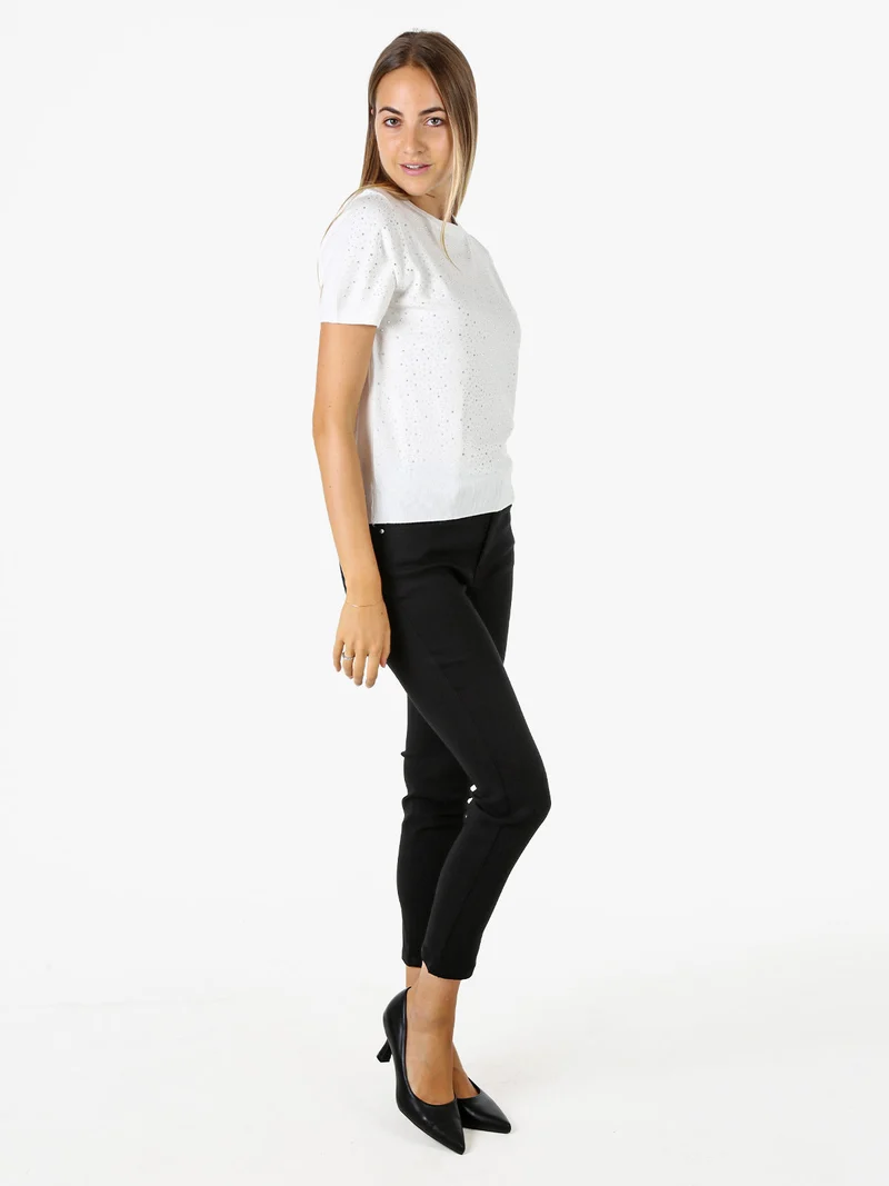 Maglia donna a maniche corte con micro borchie - bianco