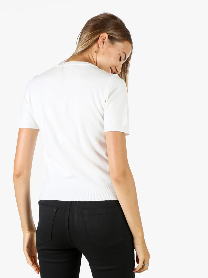 Maglia donna a maniche corte con micro borchie - bianco