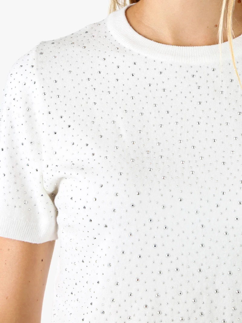 Maglia donna a maniche corte con micro borchie - bianco