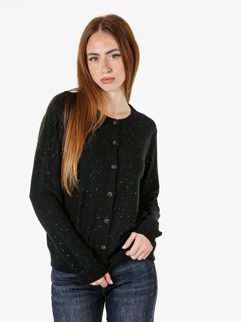 Cardigan donna in maglia con bottoni e mini paillettes - nero