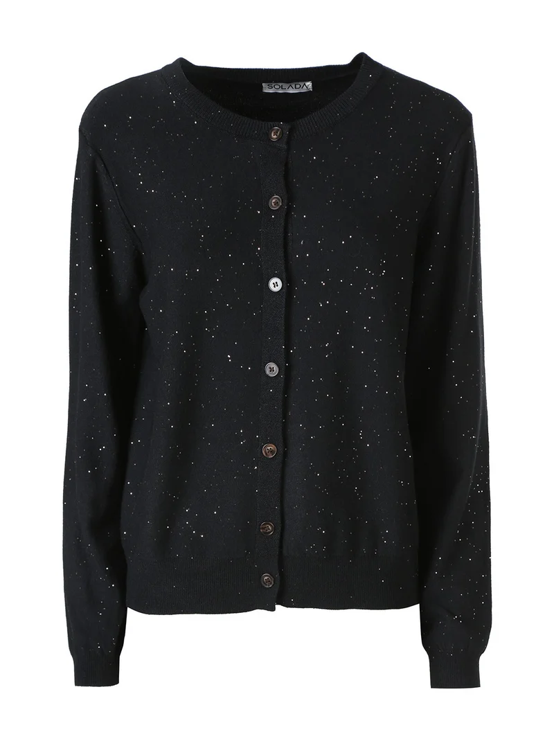 Cardigan donna in maglia con bottoni e mini paillettes - nero