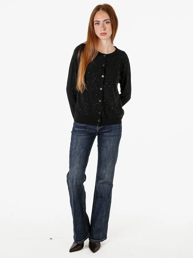 Cardigan donna in maglia con bottoni e mini paillettes - nero