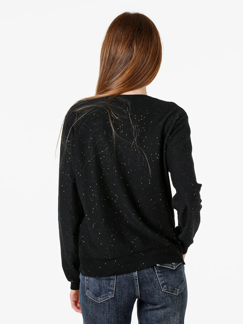 Cardigan donna in maglia con bottoni e mini paillettes - nero