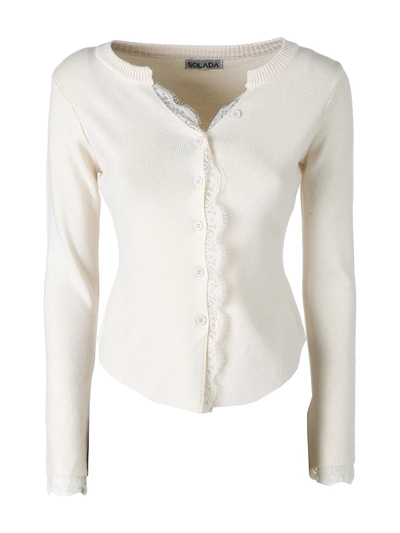 Cardigan donna in maglia con bottoni e maniche a campana con dettagli in pizzo - beige