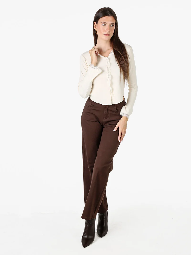 Cardigan donna in maglia con bottoni e maniche a campana con dettagli in pizzo - beige