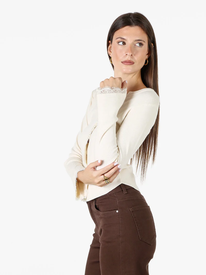 Cardigan donna in maglia con bottoni e maniche a campana con dettagli in pizzo - beige
