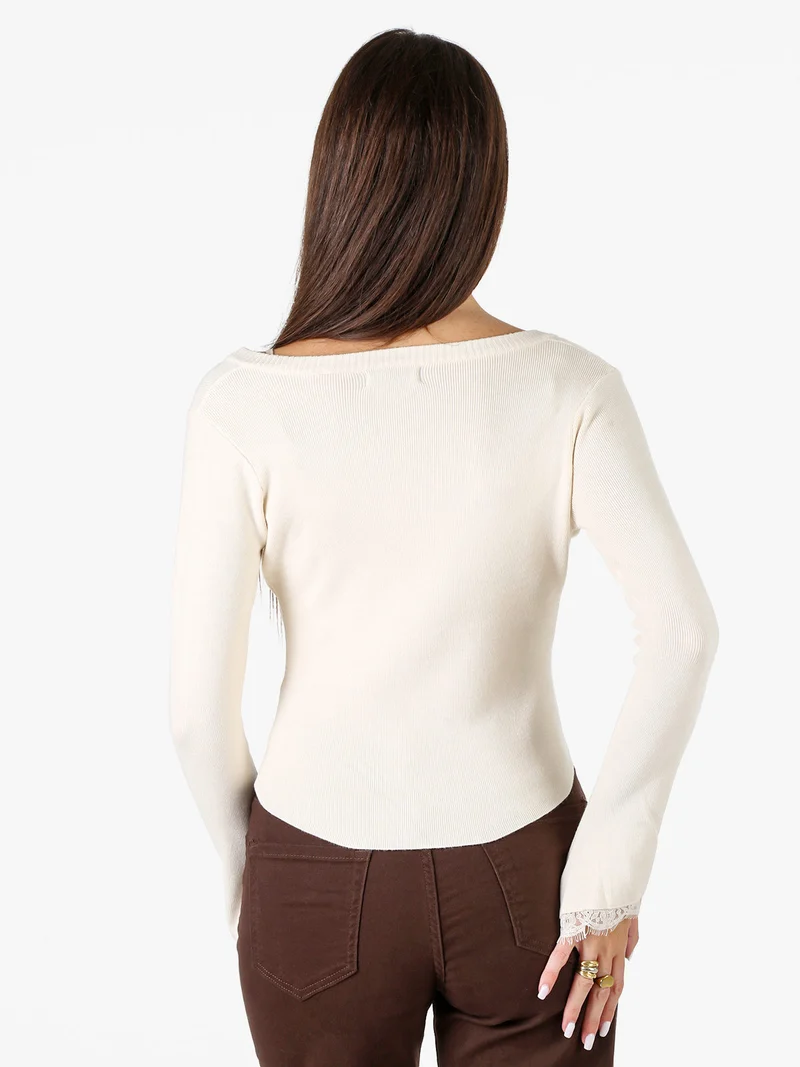 Cardigan donna in maglia con bottoni e maniche a campana con dettagli in pizzo - beige