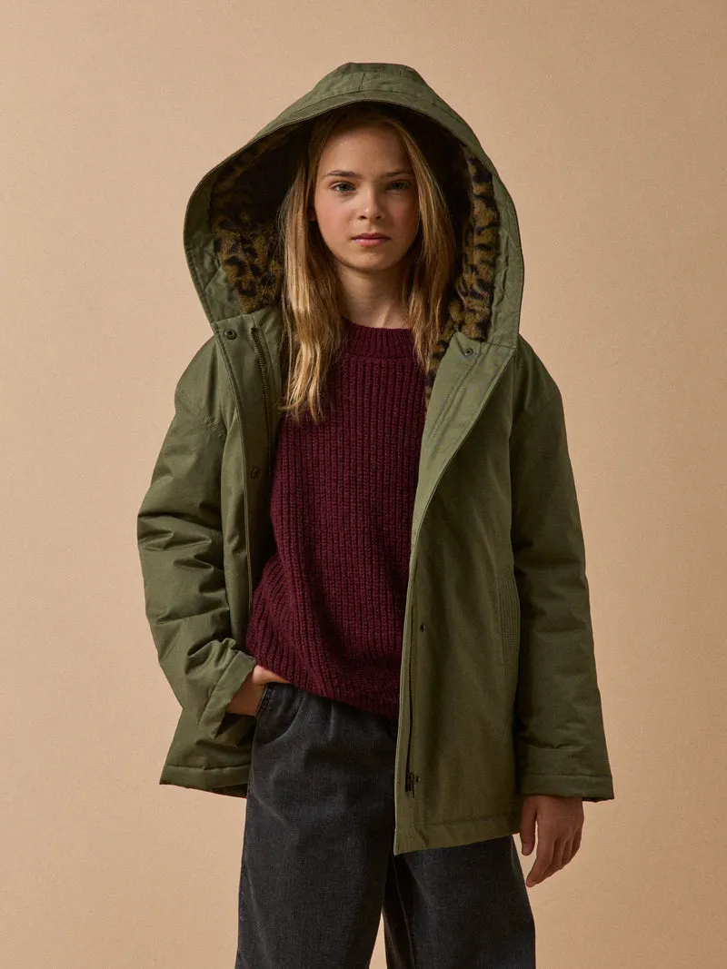 Mädchen-Parka, kurz, mit Leoprint-Futter