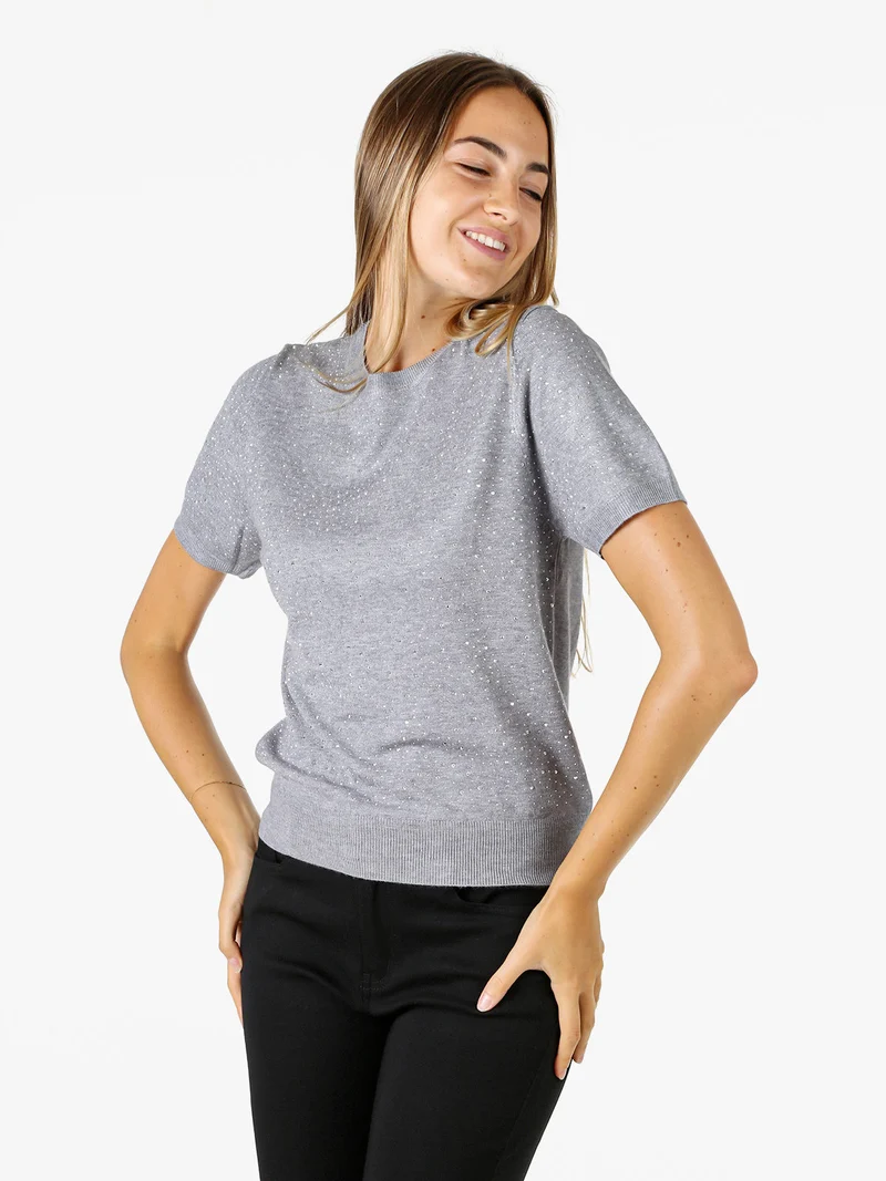Maglia donna a maniche corte con micro borchie - grigio