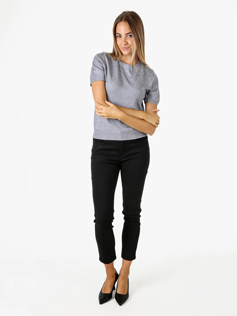 Maglia donna a maniche corte con micro borchie - grigio