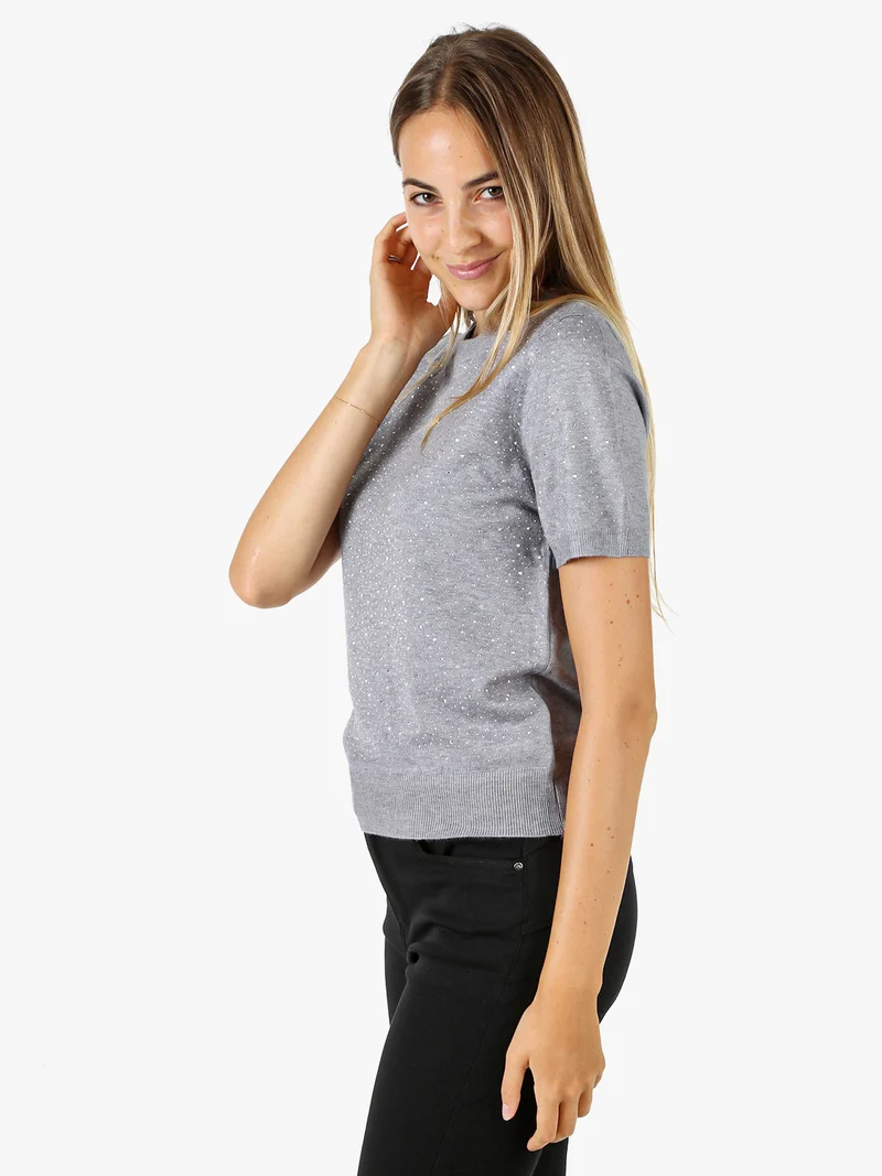 Maglia donna a maniche corte con micro borchie - grigio