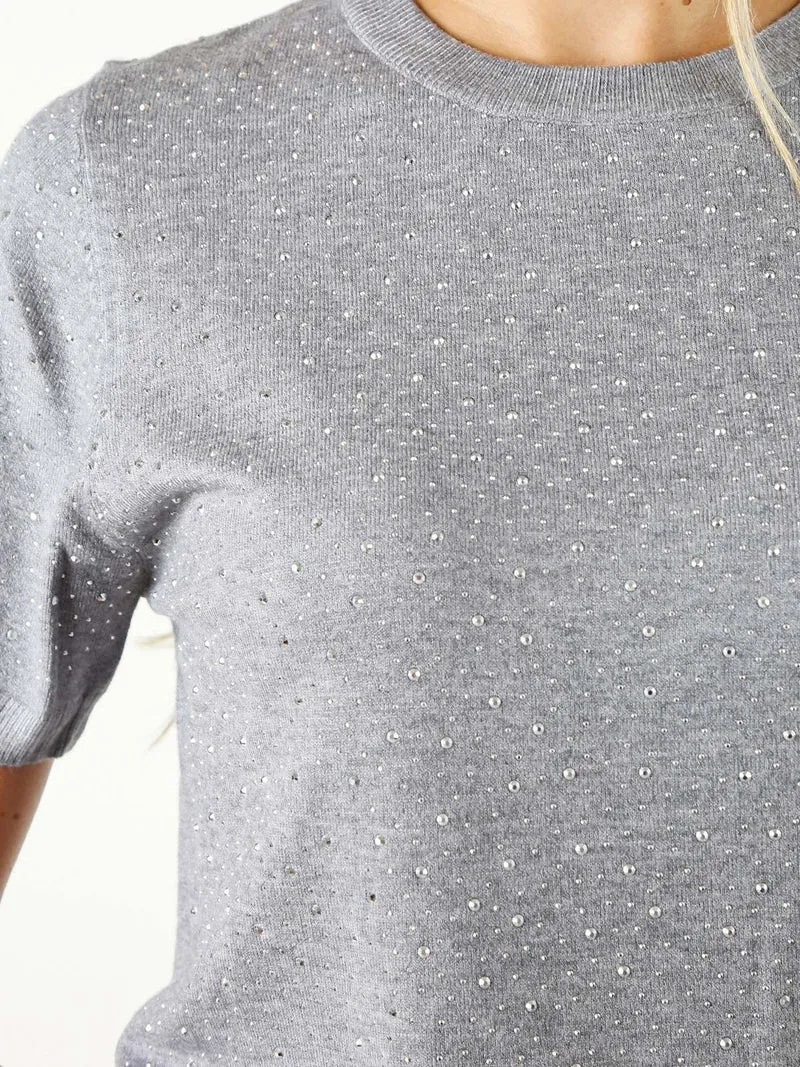 Maglia donna a maniche corte con micro borchie - grigio