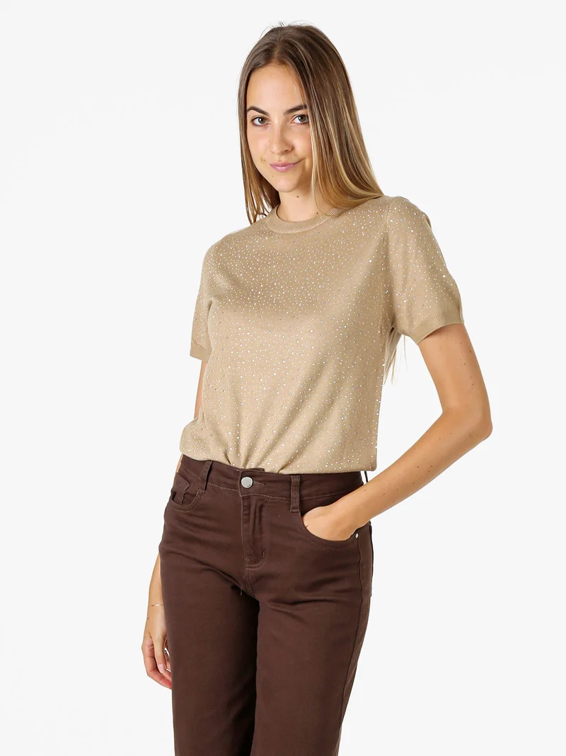 Maglia donna a maniche corte con micro borchie - khaki