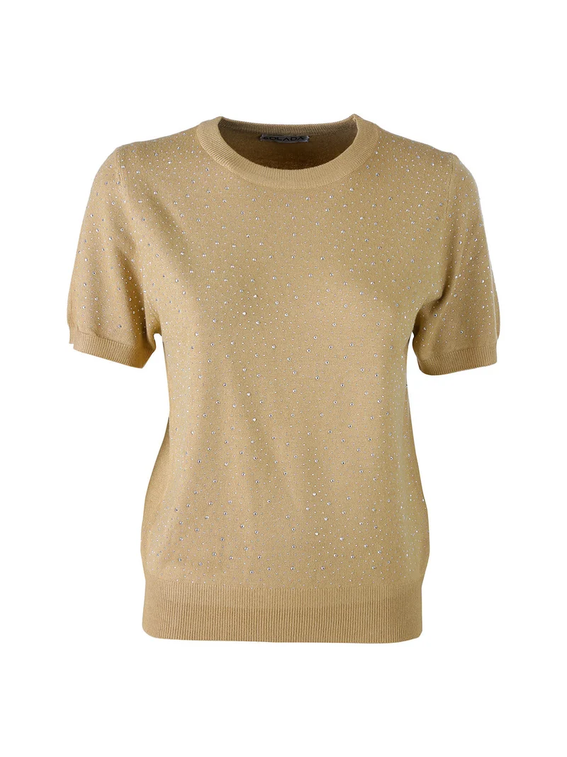 Maglia donna a maniche corte con micro borchie - khaki