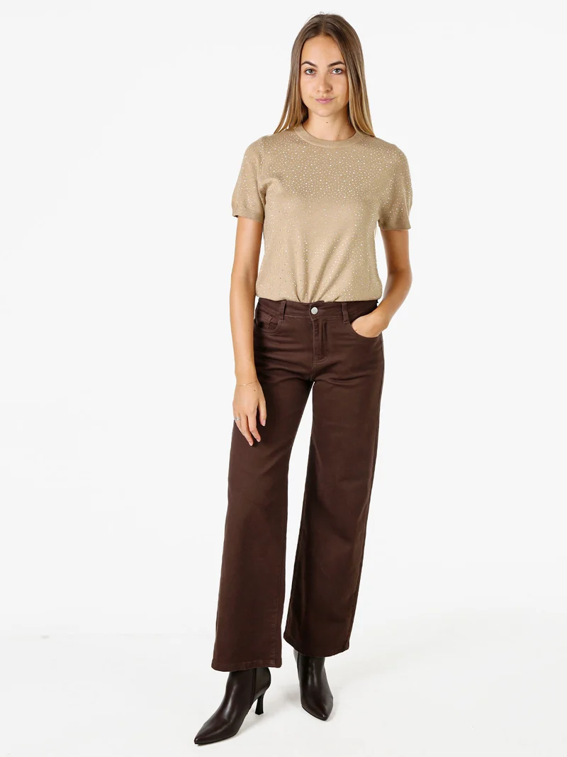 Maglia donna a maniche corte con micro borchie - khaki