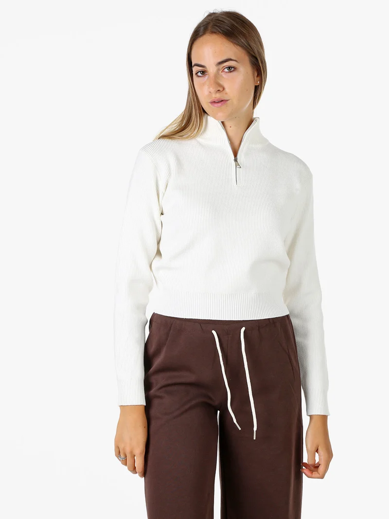 Maglia donna cropped a coste con mezza zip - bianco