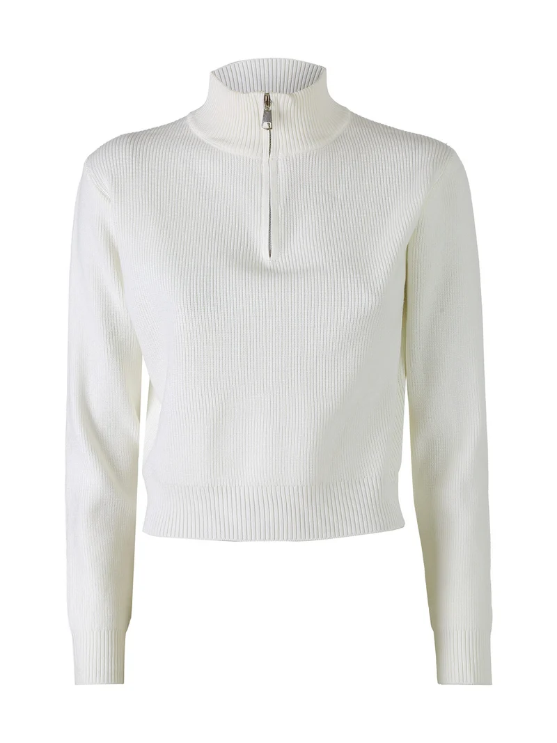 Maglia donna cropped a coste con mezza zip - bianco