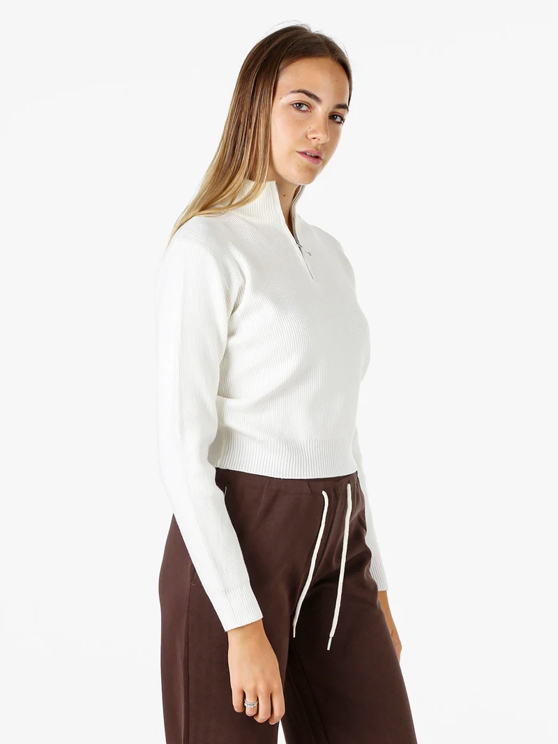 Maglia donna cropped a coste con mezza zip - bianco