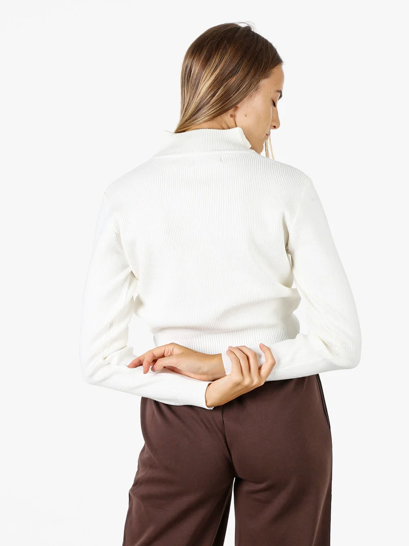 Maglia donna cropped a coste con mezza zip - bianco