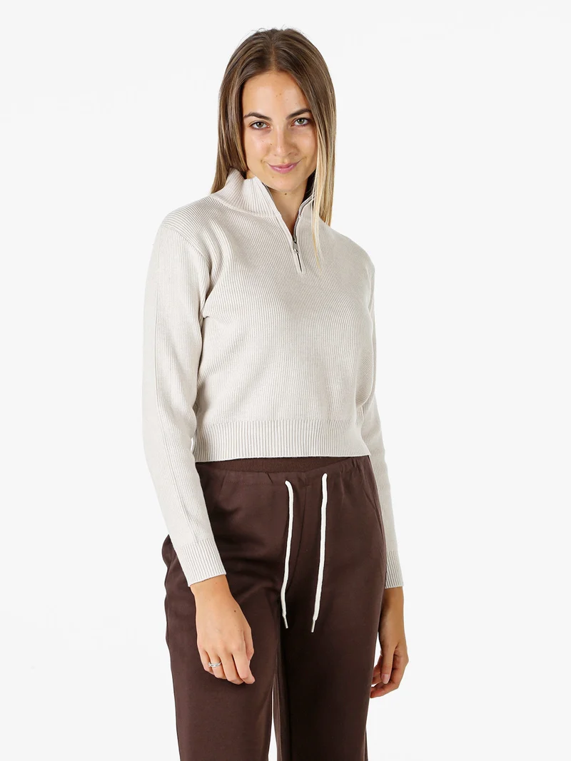Maglia donna cropped a coste con mezza zip - beige