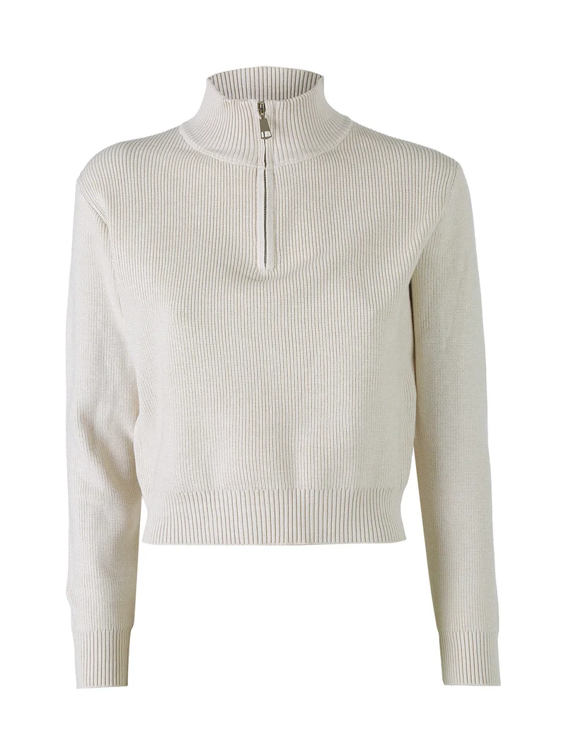 Maglia donna cropped a coste con mezza zip - beige