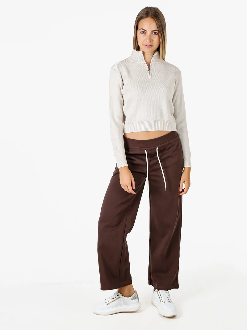 Maglia donna cropped a coste con mezza zip - beige