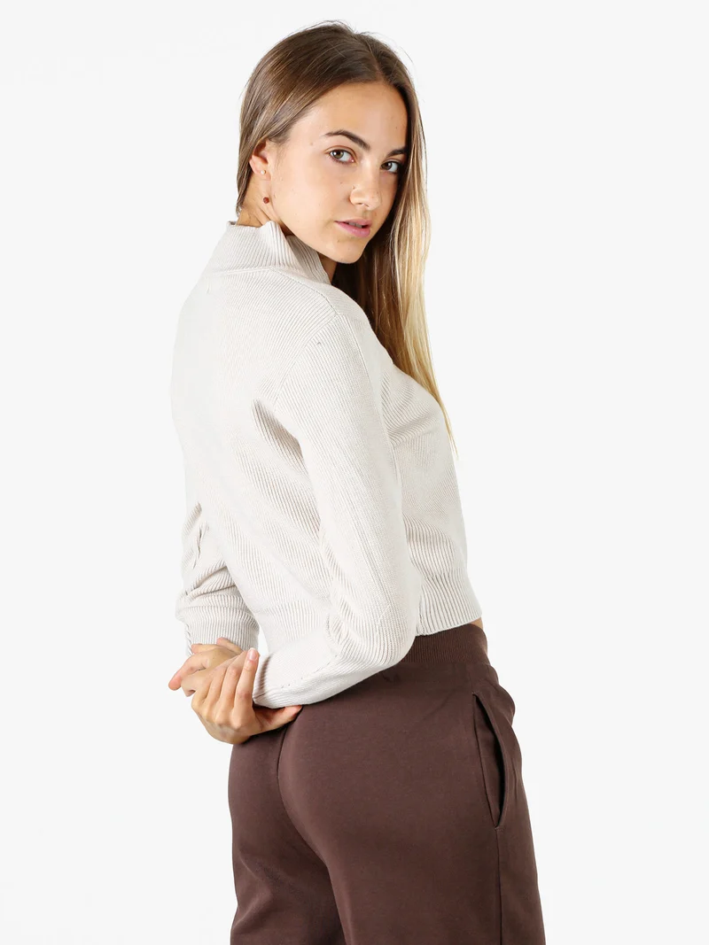 Maglia donna cropped a coste con mezza zip - beige