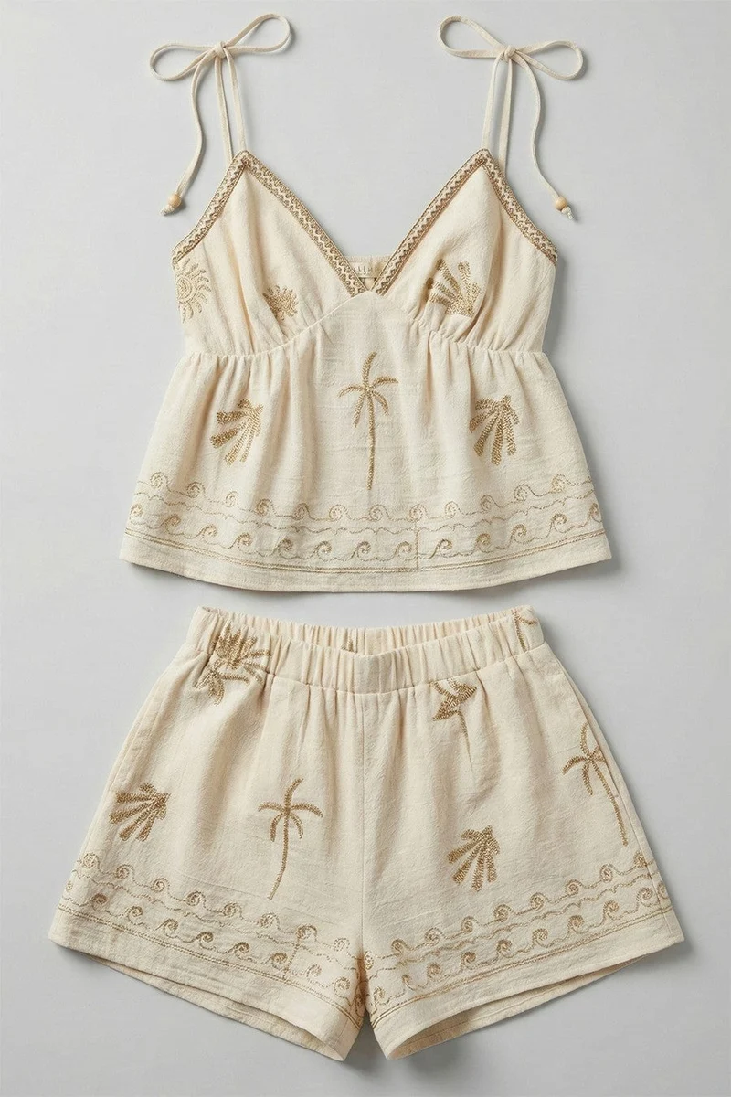 Damen Zweiteiler mit Palmenstickerei | Luftiges Cami-Top & Shorts | Besticktes Sommer-Set | Leicht & Atmungsaktiv