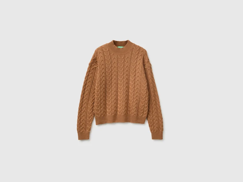 Rollkragenpullover mit Zopfmuster aus einem Woll-Kaschmir-Mischgewebe