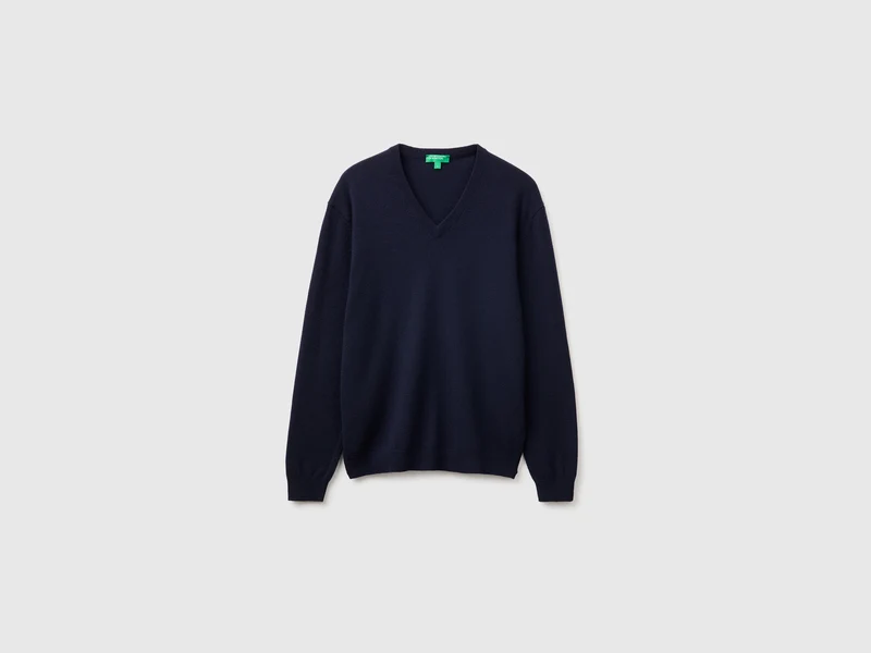 Mitternachtsblauer V-Ausschnitt-Pullover aus reiner Merinowolle