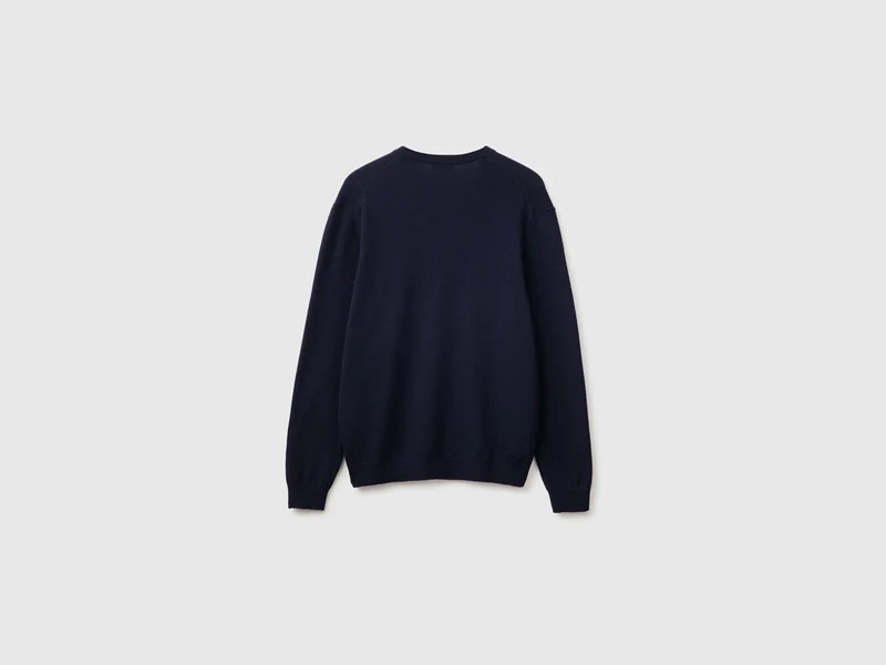 Mitternachtsblauer V-Ausschnitt-Pullover aus reiner Merinowolle