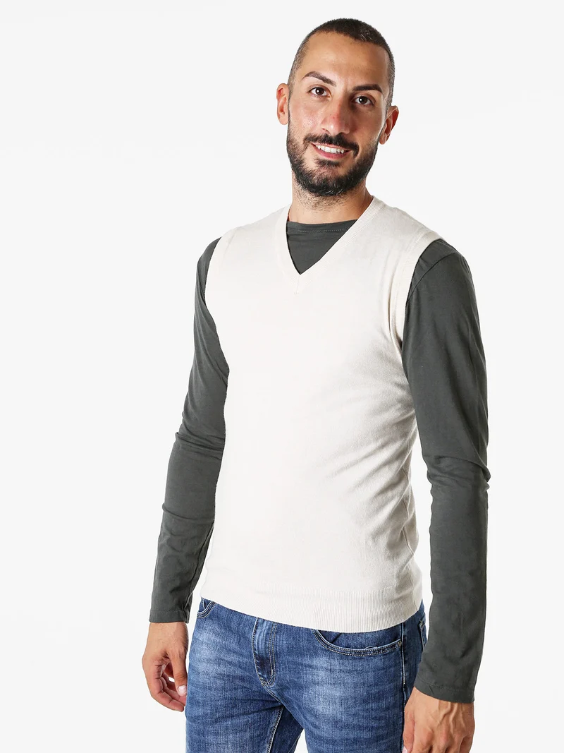 Gilet da uomo in maglia con scollo a V - panna