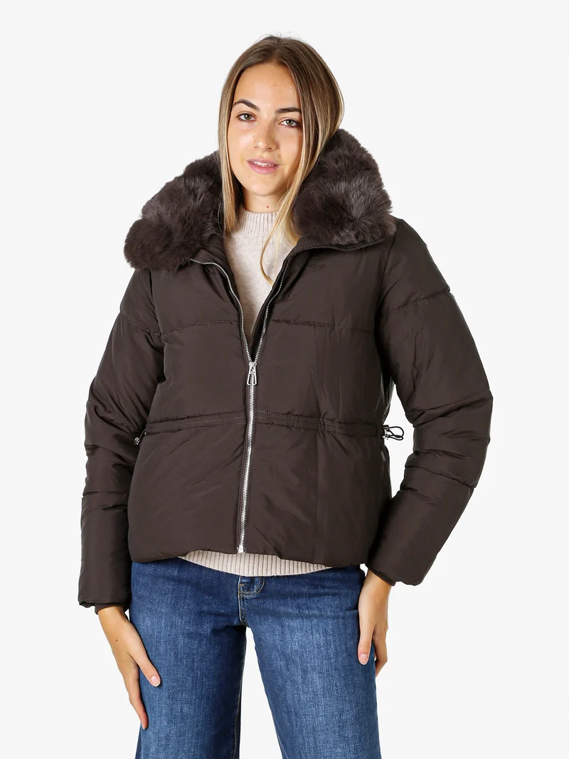 Giubbotto donna con zip e colletto in ecopelliccia - moro
