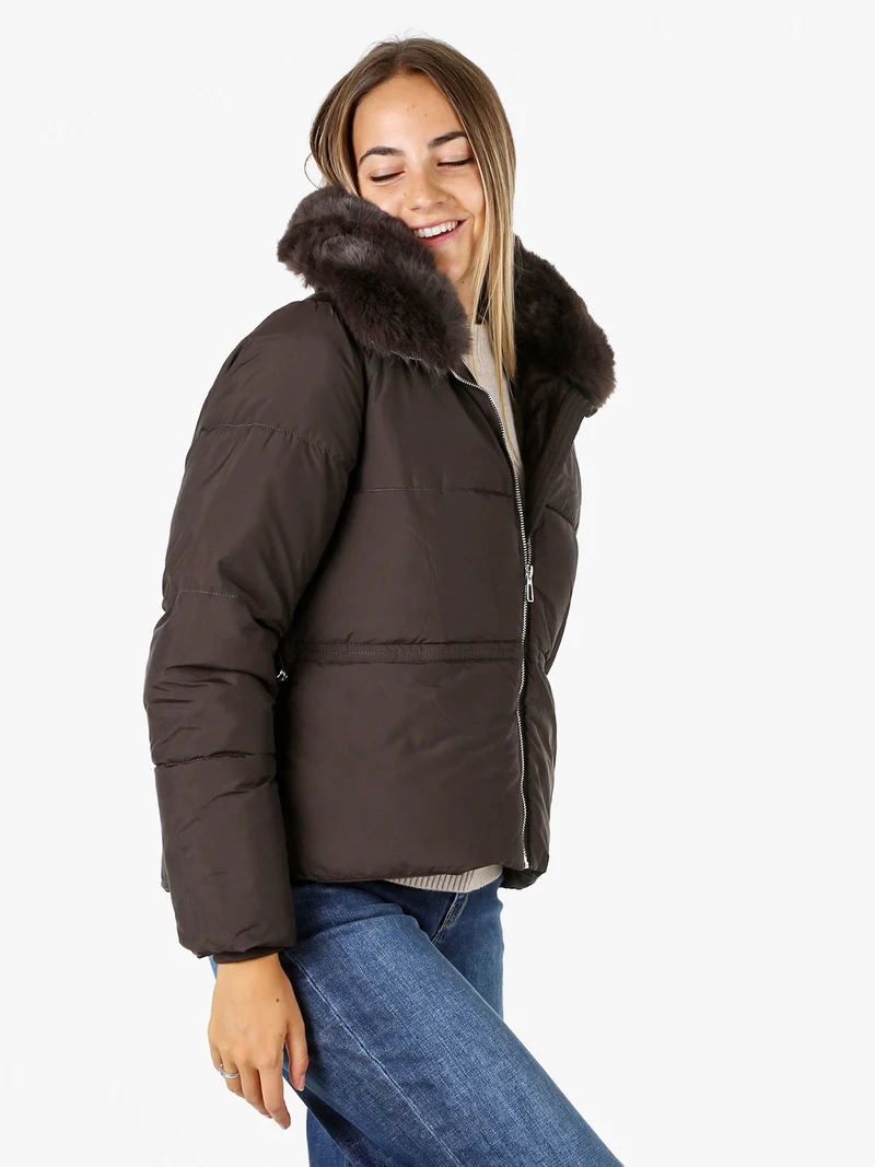 Giubbotto donna con zip e colletto in ecopelliccia - moro