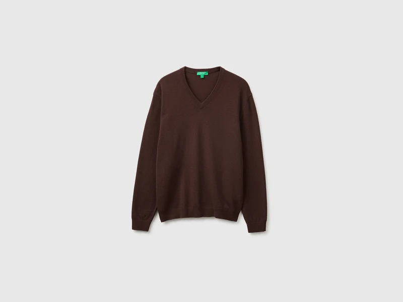 Dunkelbrauner V-Ausschnitt-Pullover aus reiner Merinowolle