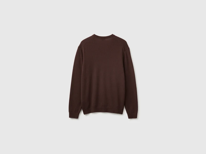 Dunkelbrauner V-Ausschnitt-Pullover aus reiner Merinowolle