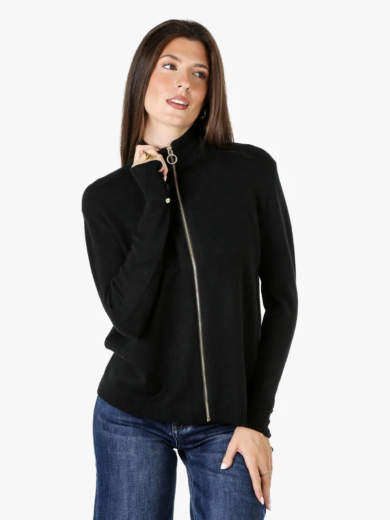 Cardigan donna in maglia con zip - nero