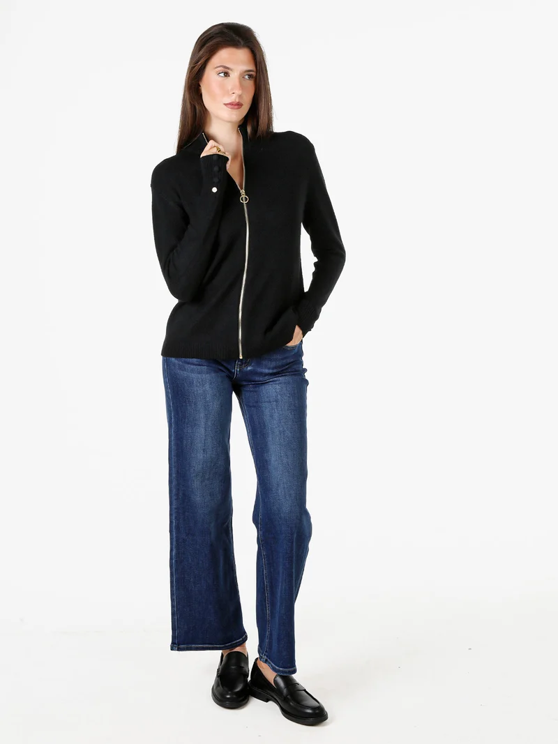 Cardigan donna in maglia con zip - nero