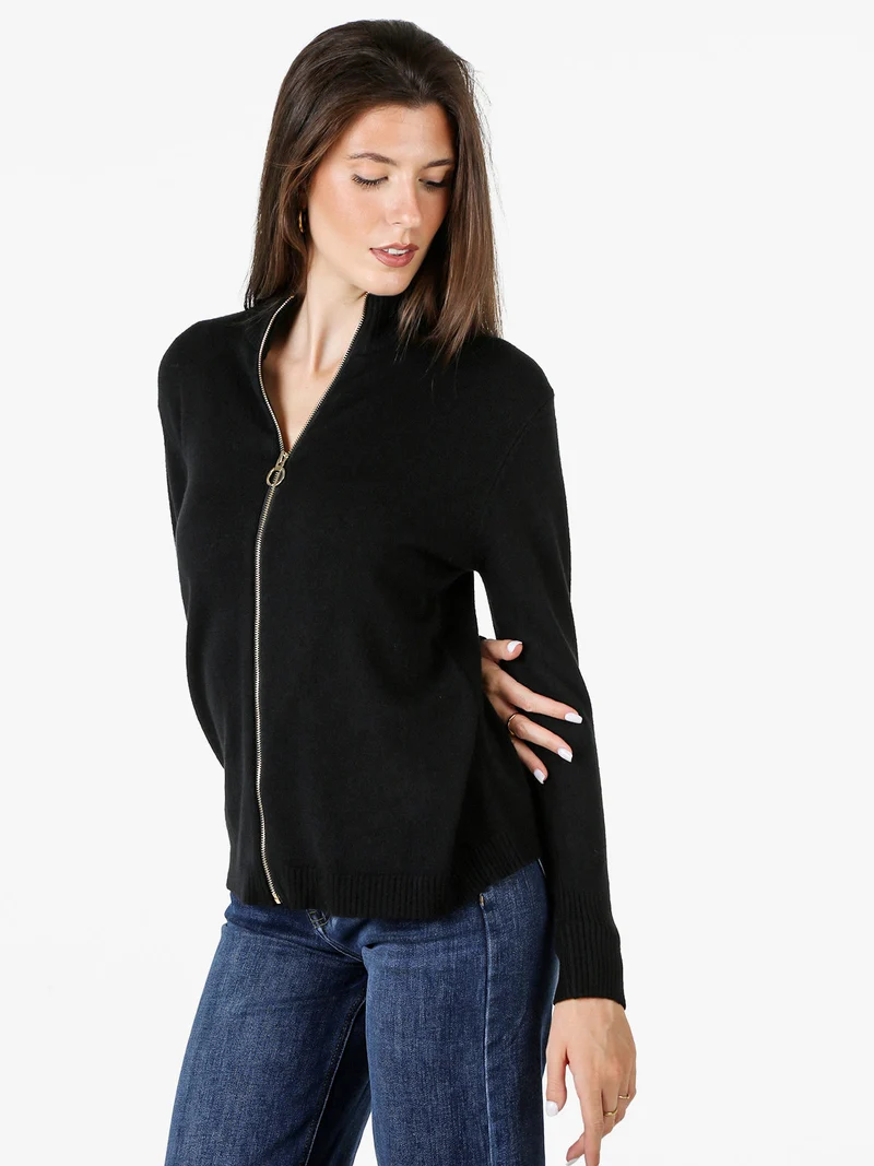 Cardigan donna in maglia con zip - nero
