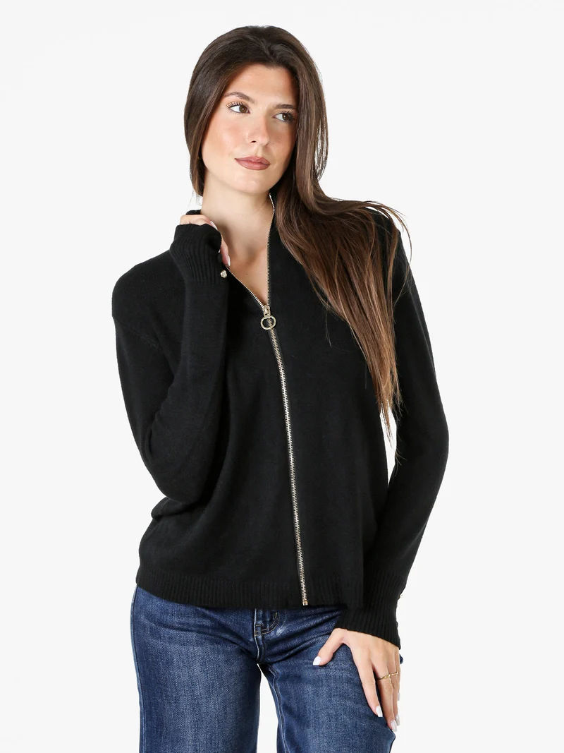 Cardigan donna in maglia con zip - nero