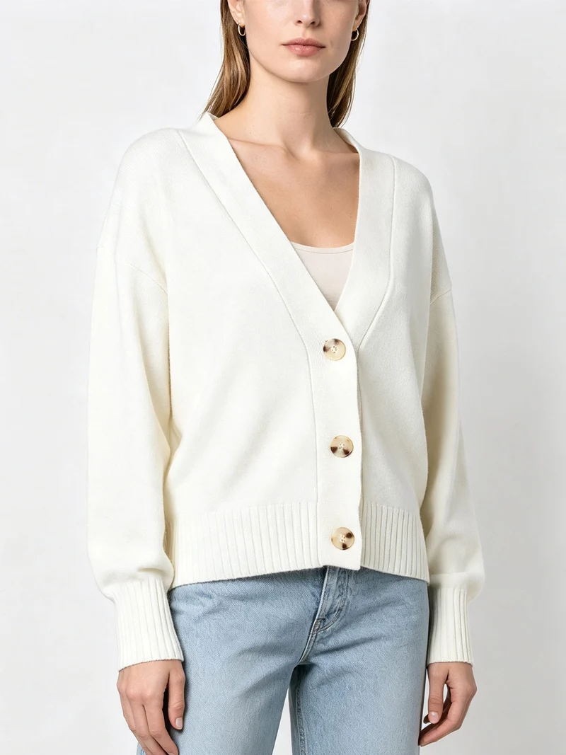 Cardigan donna con bottoni e scollo a V - panna
